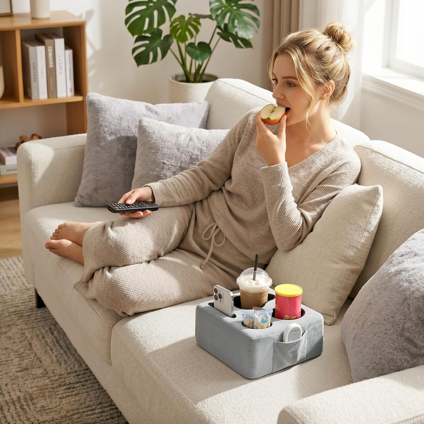 Luxspire Couch Cup Holder, Couch Caddy, 4 Holes, Gray | Couch Cup Holder Pillow Side Pocket and Handle, Couch Caddy Pillow for Phone/Drinks/Remote Control/Snacks