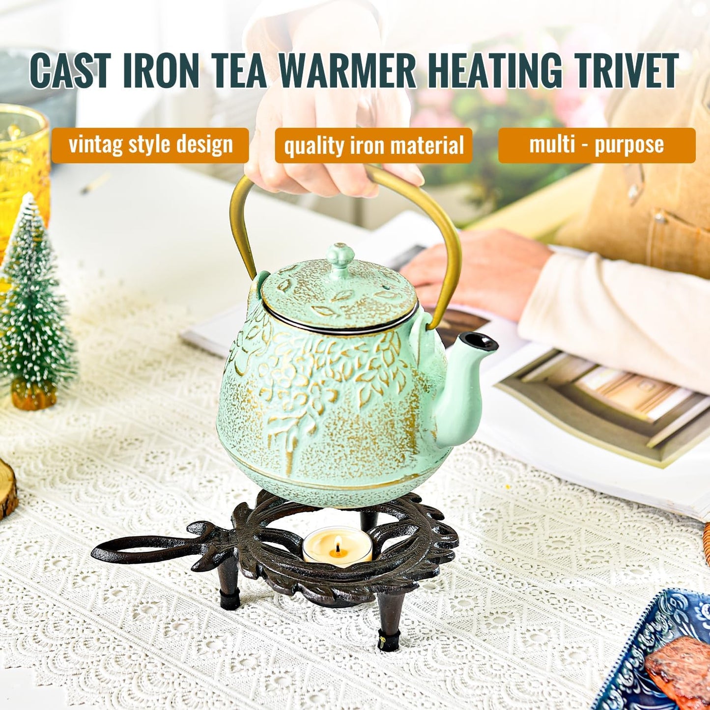 Sungmor Cast Iron Teapot Warmer - Rustic Design with Tealight Holder | Heavy Duty & Decorative Candle Holder Stands for Heat Food Coffee Milk or Tea