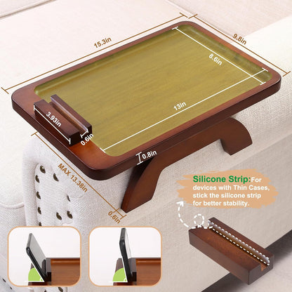 Couch Arm Tray,Bamboo Sofa Clip on Side Table,Foldable Couch Armrest Table with 360°Rotating Phone Holder,Anti Slip Food Trays for Eating/Drinks/Snacks/Remotes 15.35" x 9.85"