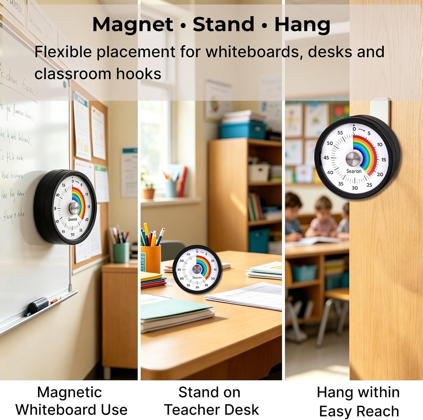 Searon Magnetic Visual Classroom Timer for Teachers, 60-Minute Countdown | No-Tick with Sound or Silent LED Alert, Pause, Magnet/Stand/Hang for Reading, Small Groups & Classroom Routines