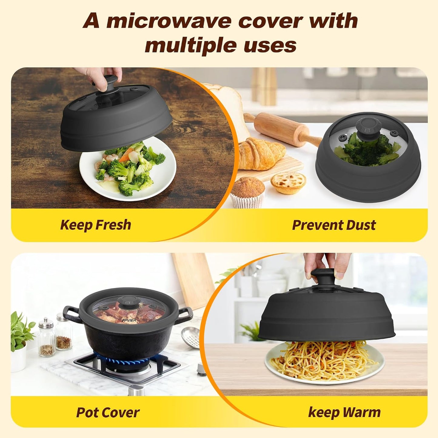 Microwave Splatter Cover, Vented Silicone & Glass Anti-Splatter Lid with Handle, Collapsible Food Plate Cover Fits 6–11 Inch Plates and Bowls (Black, 10.8inch)
