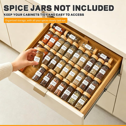 Bamboo Spice Drawer Organizer Expandable(Fits 2.6" Deep or Deeper Drawers), 4-Tier Spice Rack Drawer Insert for Kitchen Cabinets(12" - 22" Width),Adjustable Seasoning Storage Insert(Jars Not Included)
