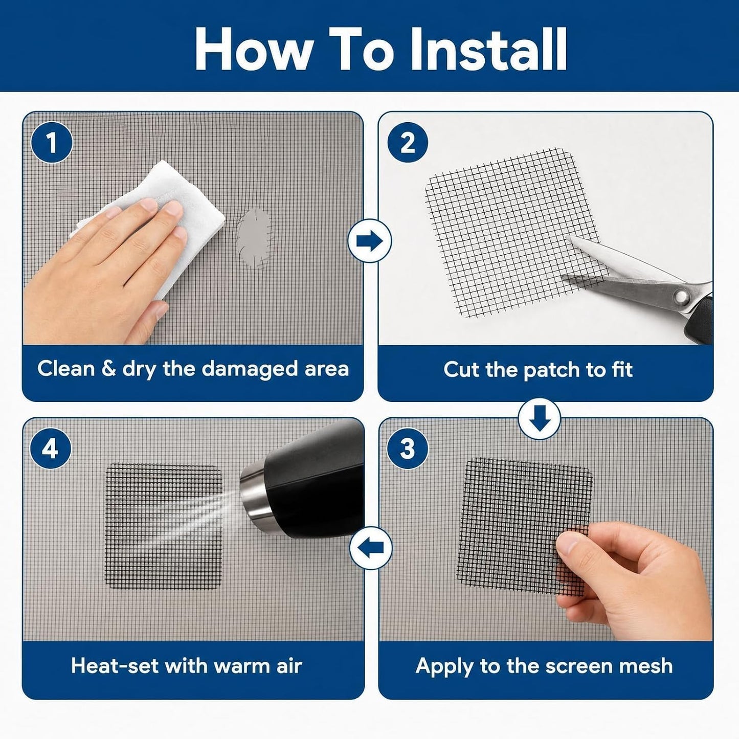 20Sheets Window Screen Patches Repair Kit, 4 Sizes Black Windows Screen Repair Mesh Tapes Blow Dryer, Self-Adhesive Windows Screen Repair Tapes for Window, Door, Screen Tears Holes