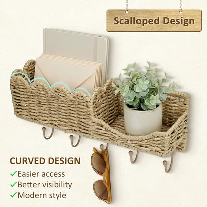 Hook-Woven Wicker Key Holder and Mail Organizer | Natural Paper Rattan Scalloped Wave Design Decorative Wall Mount for Entryway, Living Room, Hallway