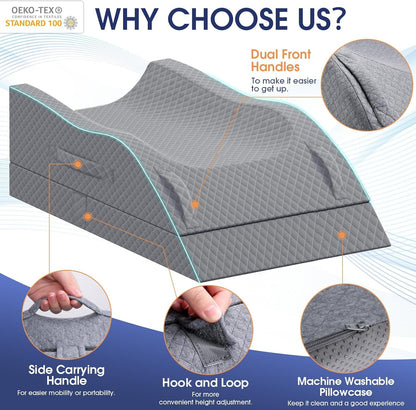 CushZone Leg Pillow, Leg Elevation Pillow with Pad and Memory Foam, Height Adjustable Bolster Pillow for Legs, Leg Pillow Elevation Blood Circulation, for Post-Surgery, Grey