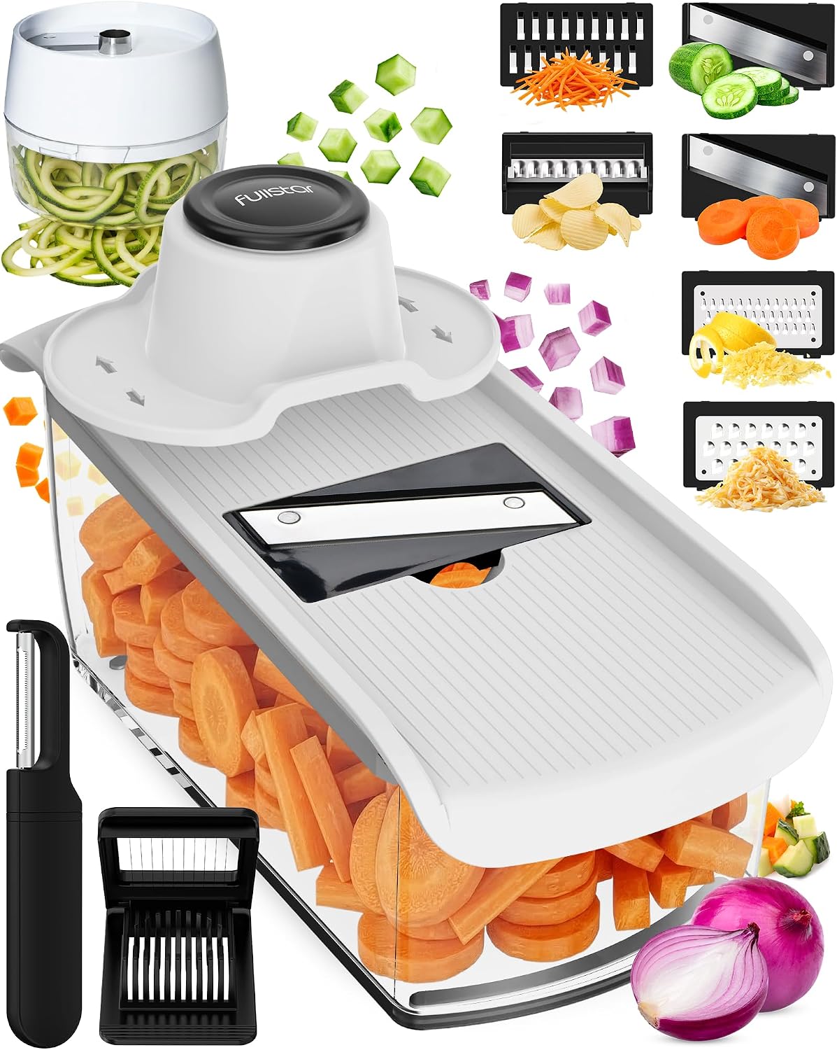 Fullstar Pro Mandoline Vegetable Slicer, Grater & Spiralizer with Container | 6 in 1 Fruit Cutter, Cheese Grater & Spiralizer with Safety Gloves, Stainless Steel Blades & Container (Black)