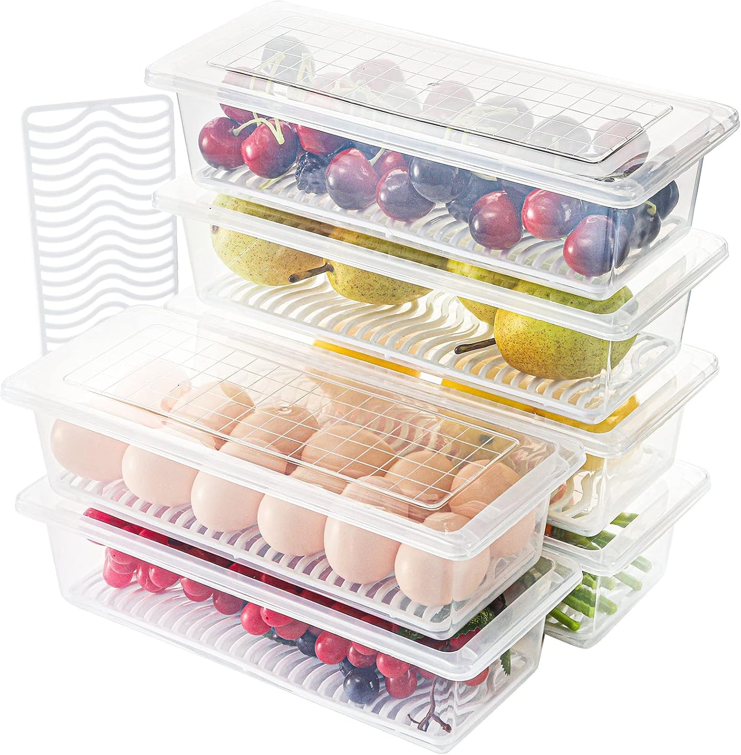SOUJOY 6 Pack Produce Saver Container, 1.5L Food Storage Containers for Fridge with Lid, Stackable Fruits Storage Keeper with Removable Drain Plate for Vegetables, Meat, Fish Fresh and Dry