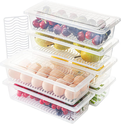 SOUJOY 6 Pack Produce Saver Container, 1.5L Food Storage Containers for Fridge with Lid, Stackable Fruits Storage Keeper with Removable Drain Plate for Vegetables, Meat, Fish Fresh and Dry