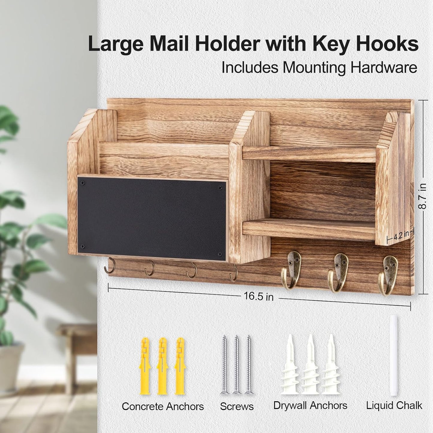 Lwenki Mail and Key Holder – Wall Mount Key Hanger with Shelf and 7 Metal Hooks – Decorative Natural Paulownia Wood Entryway Organizer with Mounting Hardware (16.5”W x 8.7”H x 3.5”D) (Brown)