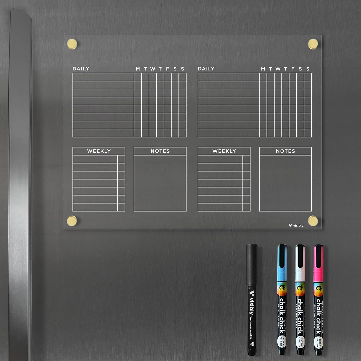 Magnetic Acrylic Chore Chart for Fridge, Weekly Planner & Task Board with Notes, 12” x 9” Clear Refrigerator Organizer, Includes 4 Magnetic Wet-Erase Markers, Black Magnets