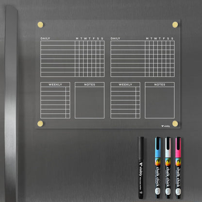 Magnetic Acrylic Chore Chart for Fridge, Weekly Planner & Task Board with Notes, 12” x 9” Clear Refrigerator Organizer, Includes 4 Magnetic Wet-Erase Markers, Black Magnets