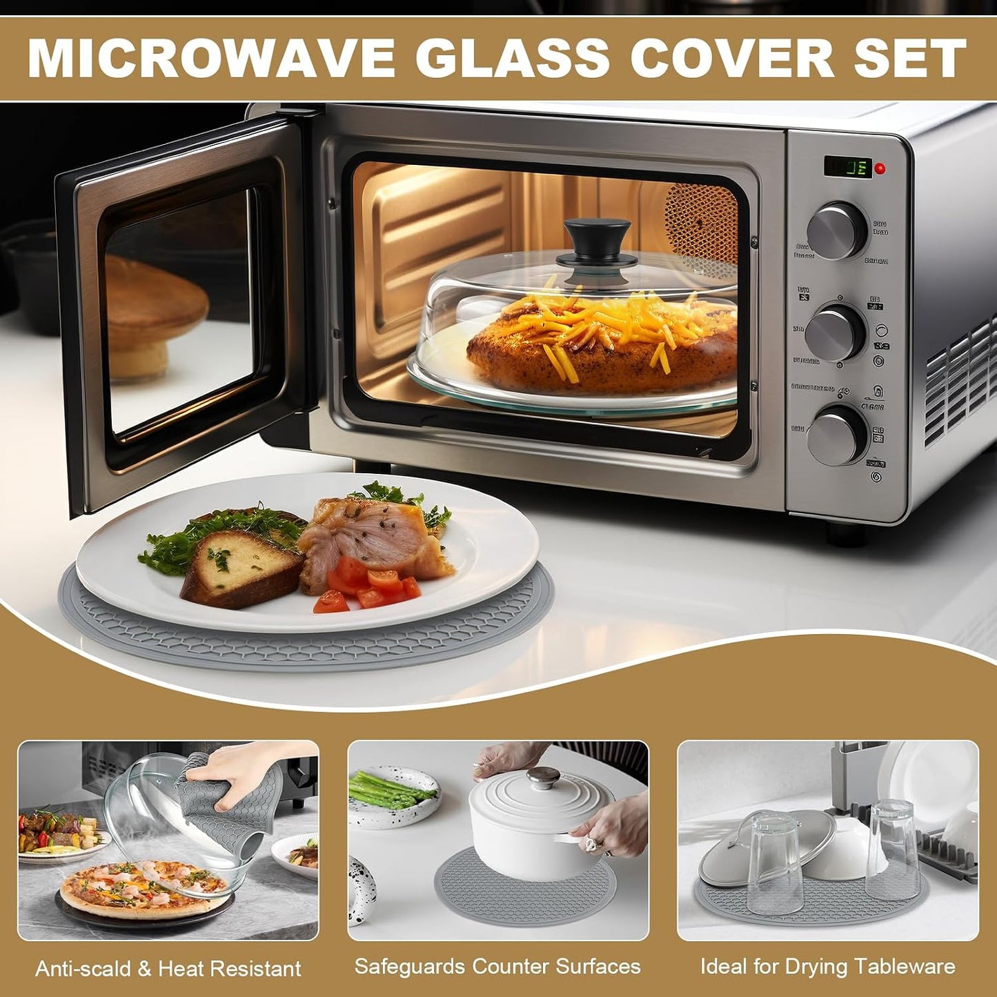 Microwave Splatter Cover & Silicone Place Mat, 10" Glass Splatter Guard Lid | Microwave Plate Cover for Food with Easy Grip Silicone Handle, Food Grade Borosilicate Glass, BPA Free, No Plastic
