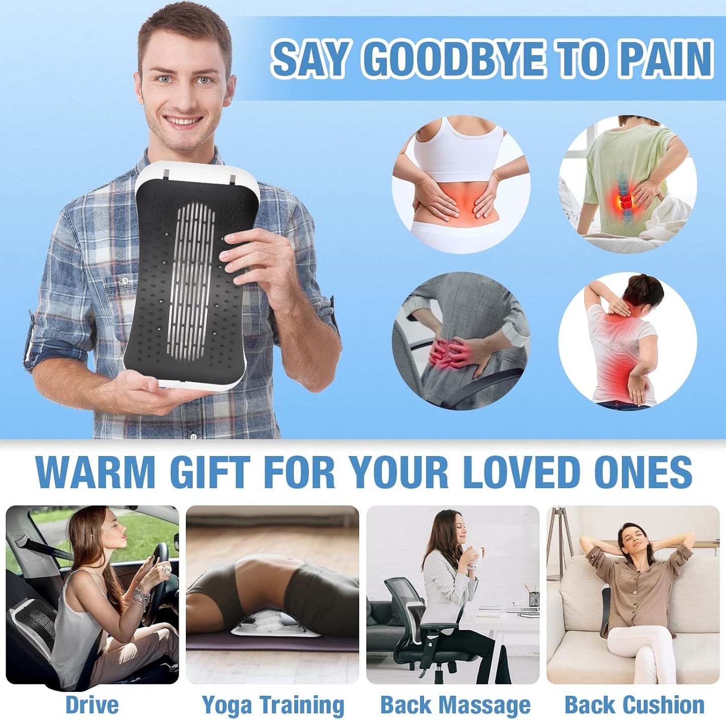 Back Stretcher for Lower Back, Pneumatic Adjustable Lumbar Support Board with 10 Magnets and 90 Massage Points, Daily Back Stretching Device for Home, Office, Yoga and Travel