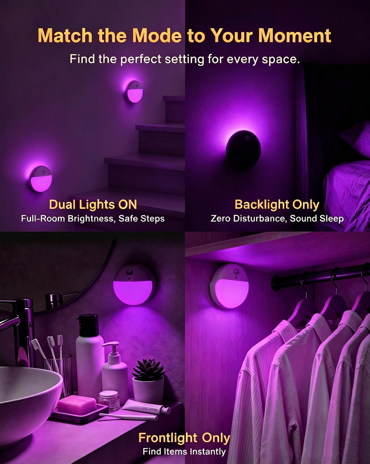 Small Motion Sensor Amber Night Light Battery Operated, Toilet Light | 2 Pack, 3 Modes, Dimmable 1-15lm, Dim Light Soft Glow, No Plug, Wireless Stick on Light for Bedroom, Sleep, Bathroom, Kids