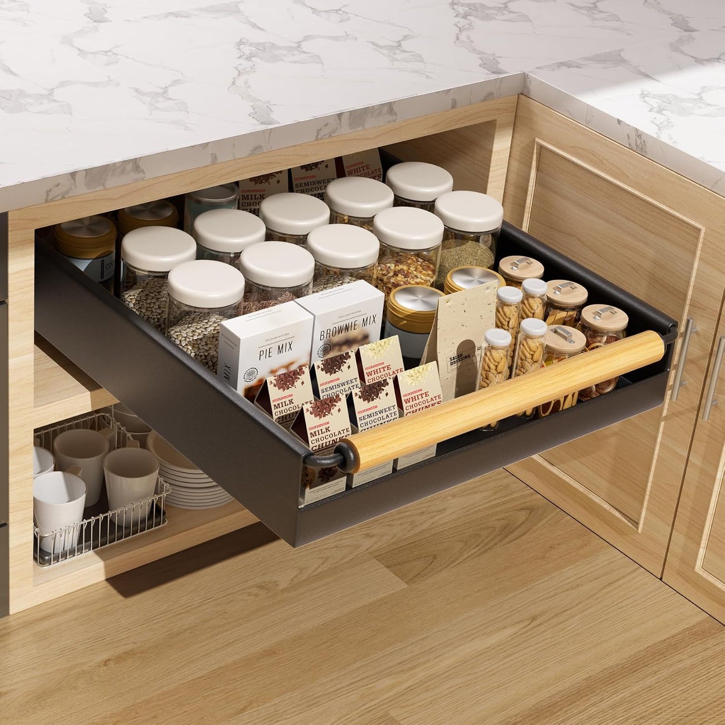 2 Pack 15.3'' Deep Expandable Slide Out Cabinet Shelf No-Drill Pull Out Drawer with Nano Film Adhesive, Heavy Duty Pull Out Tray for Kitchen, Pantry & Bathroom, Black