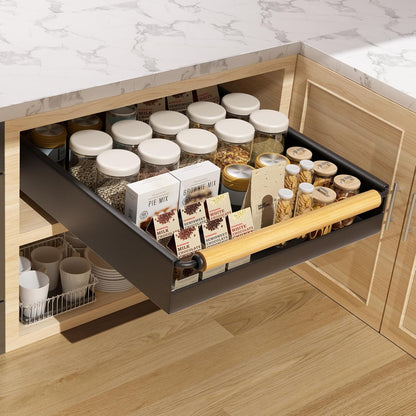 2 Pack 15.3'' Deep Expandable Slide Out Cabinet Shelf No-Drill Pull Out Drawer with Nano Film Adhesive, Heavy Duty Pull Out Tray for Kitchen, Pantry & Bathroom, Black