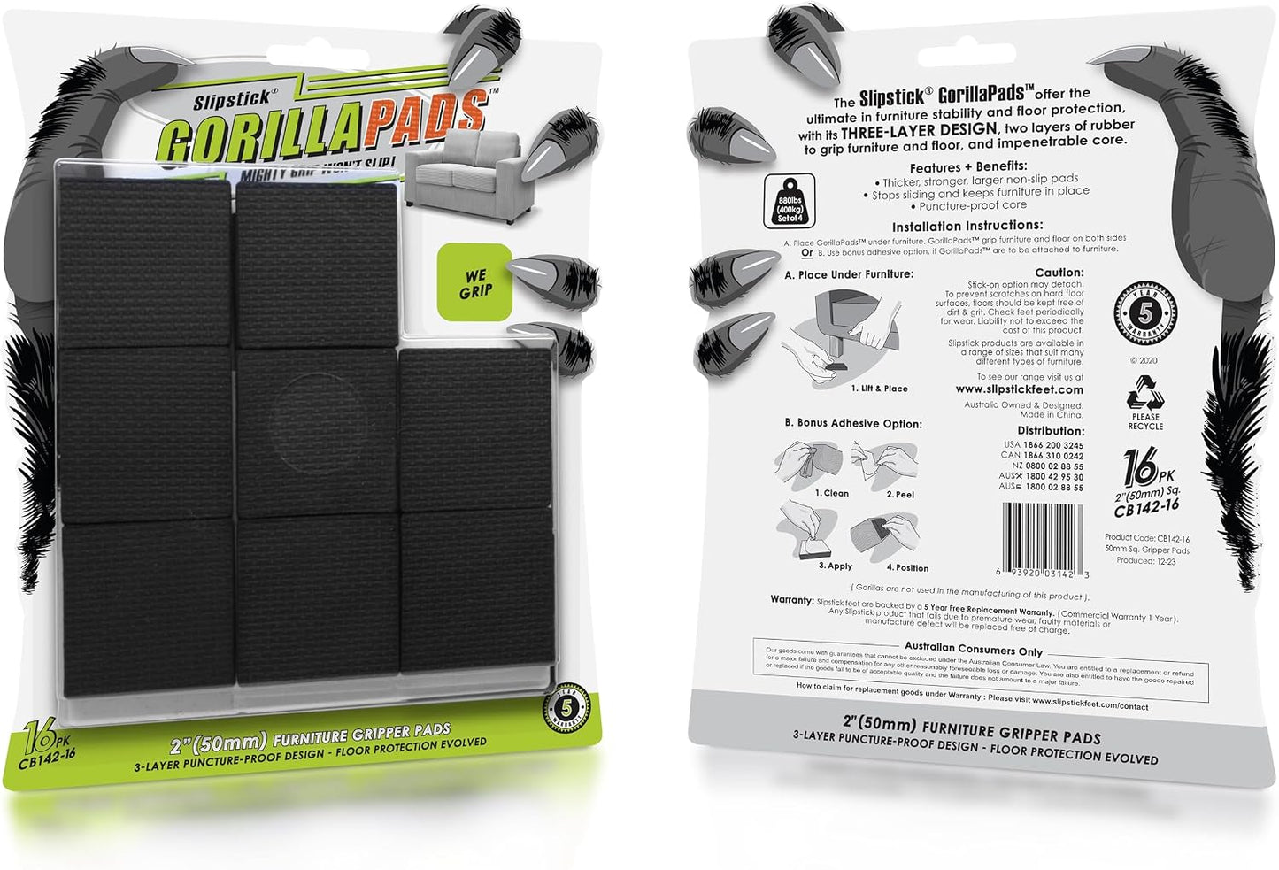 Slipstick GorillaPads CB144 Non Slip Furniture Pads/Grippers (Set of 8) Furniture Feet Floor Protectors, 2 Inch Round, Black