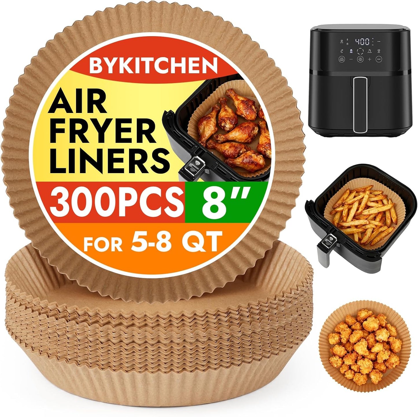 BYKITCHEN 300PCS Small Disposable Air Fryer Liners for 2 to 5QT Airfryer, Round Air Fryer Parchment Paper Liners, Compatible with Ninja AF101 4 QT, CHEFMAN 2 QT, Cosori 2.1QT, Dash 2.6 Quart & More