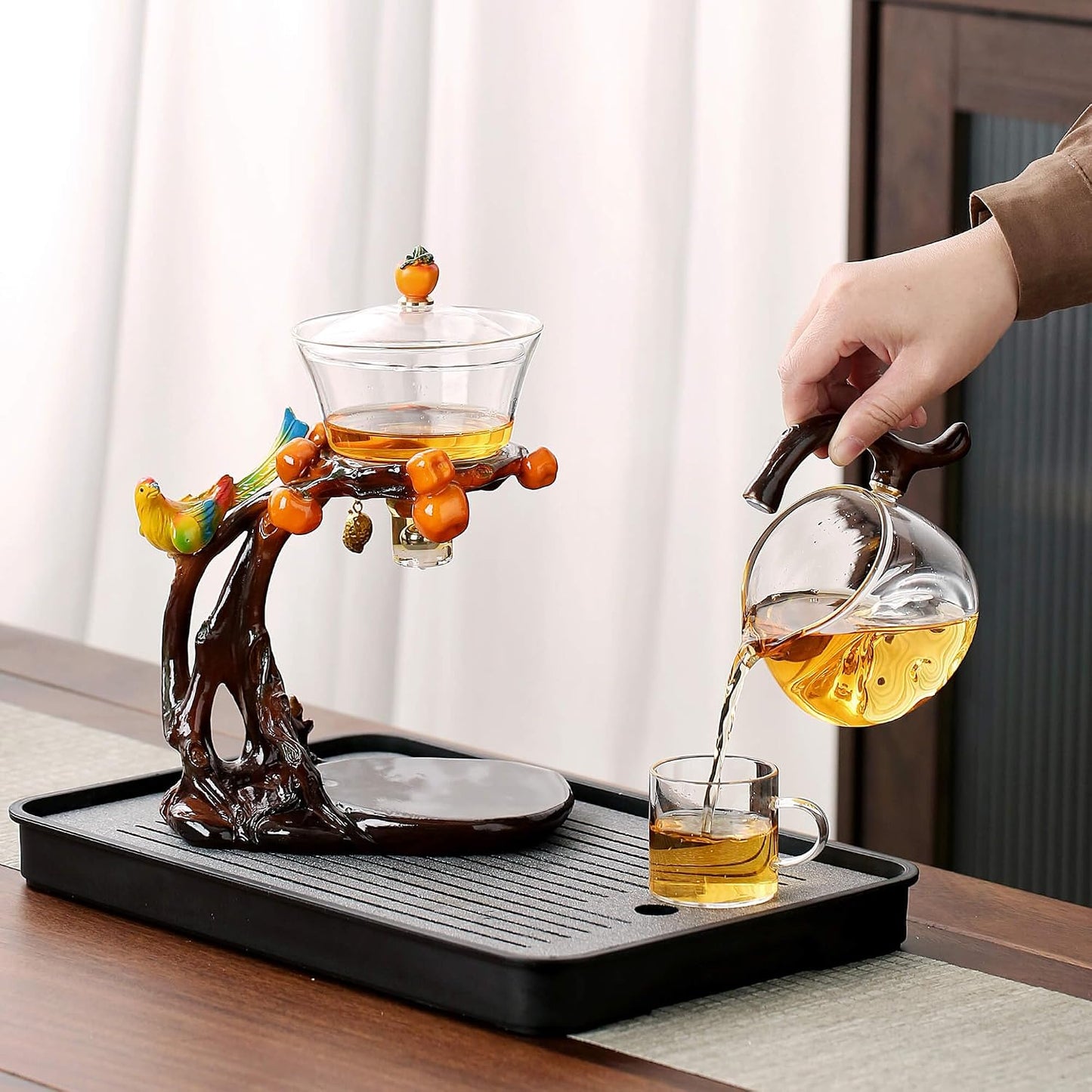 Glass Kungfu Teapot Set Tea maker with Infuser Semi Automatic Tea Set with 6 Small Cups (Red)