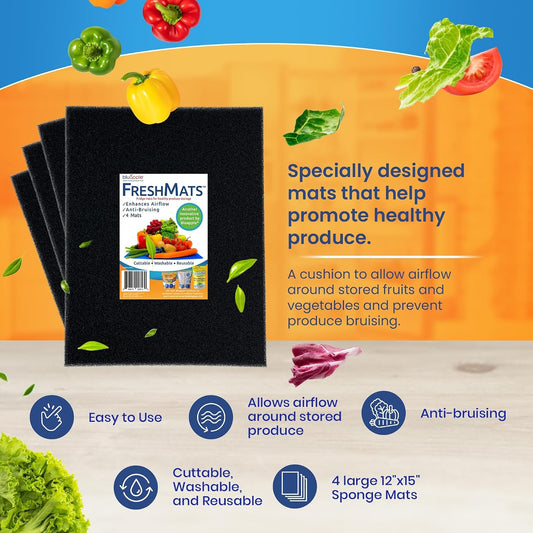 Bluapple FreshMats - Refrigerator Bin Liners, Fridge Drawer Mats - Keeps Produce Fresh Longer, Prevents Bruising, Promotes Air Circulation - BPA-Free Polyurethane Foam - (4-Piece Set, 12"x15", Green)