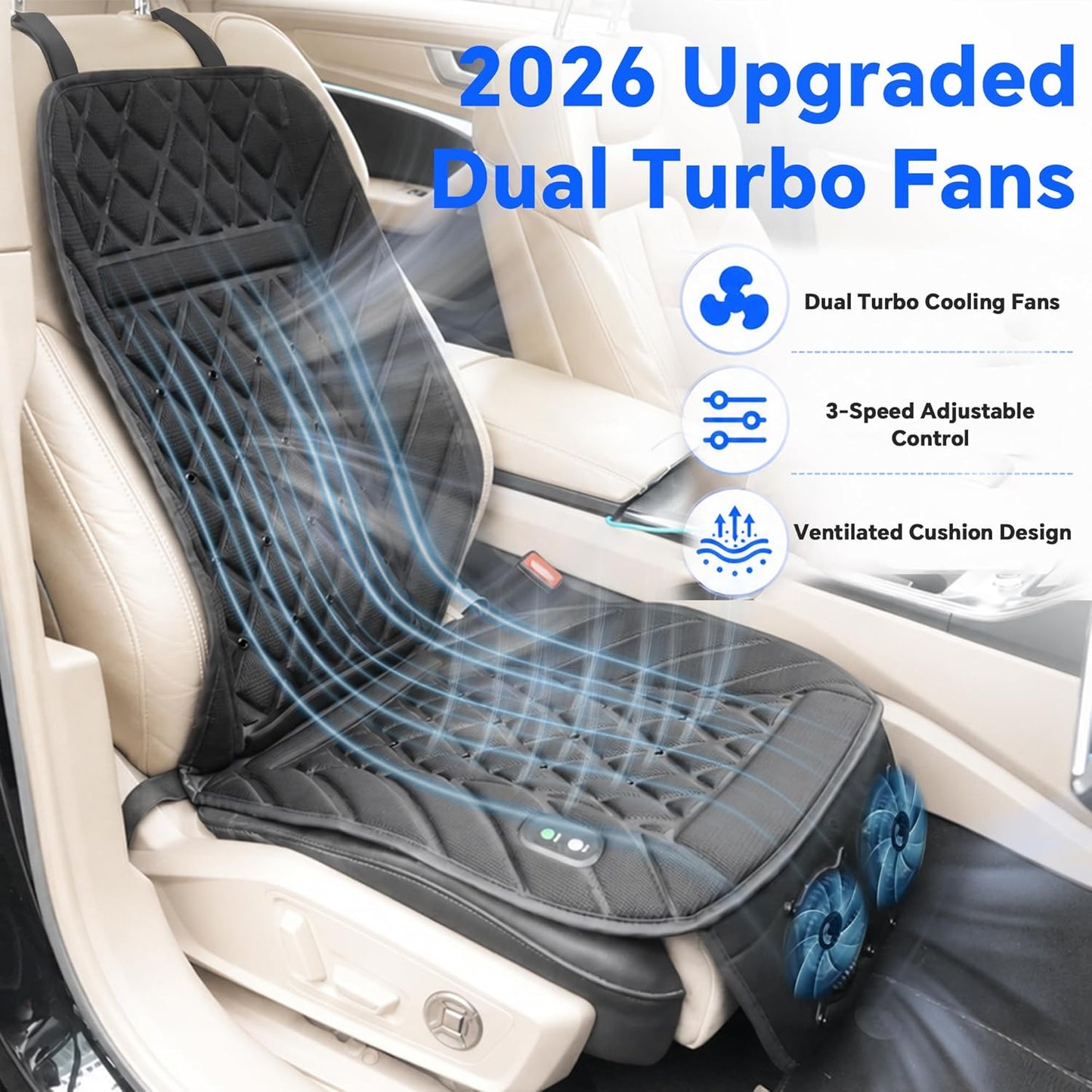 2026 Upgraded Ventilated Seat Cushion, 12V-24V Cooling Car Seat Cover for Front Seat, Cooled Seat Pad for Office Chair Sofa Car SUV Truck Universal Fit, Classic Black