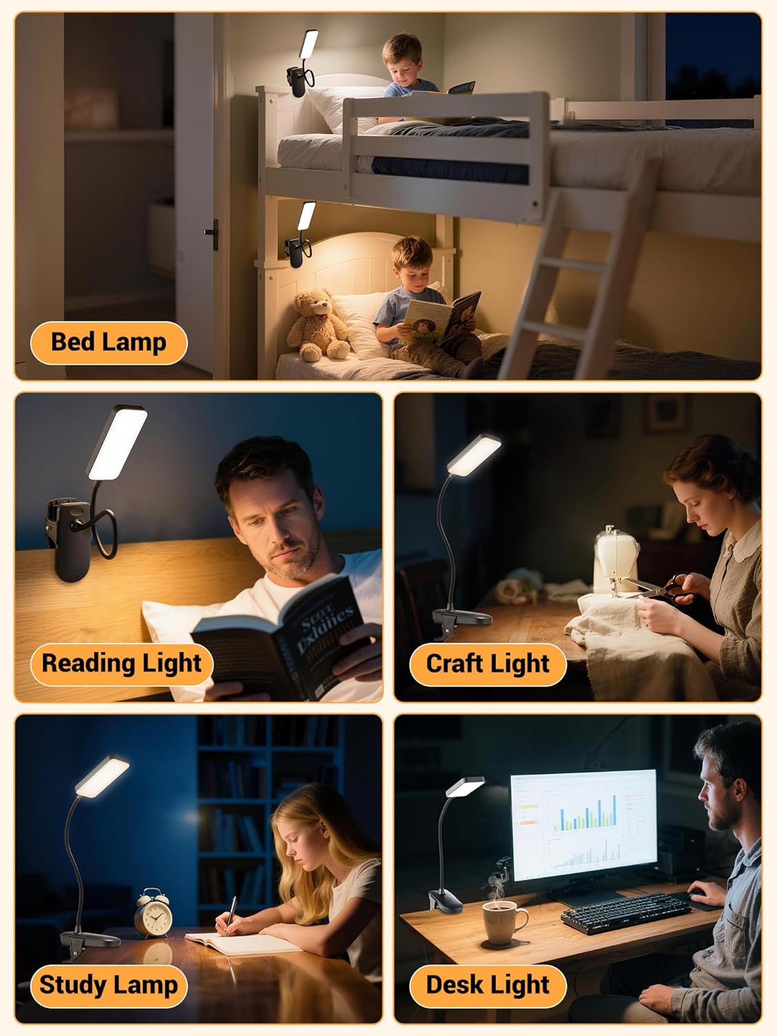 Clip on Light,45 Lighting Modes Rechargeable Desk Lamp with Clamp | 4000mAh Battery Operated Lamp,450 lm 48 LED Desk Light,Wireless & Cordless Reading Light for Bed/Bedside Table/Headboard/Dorm