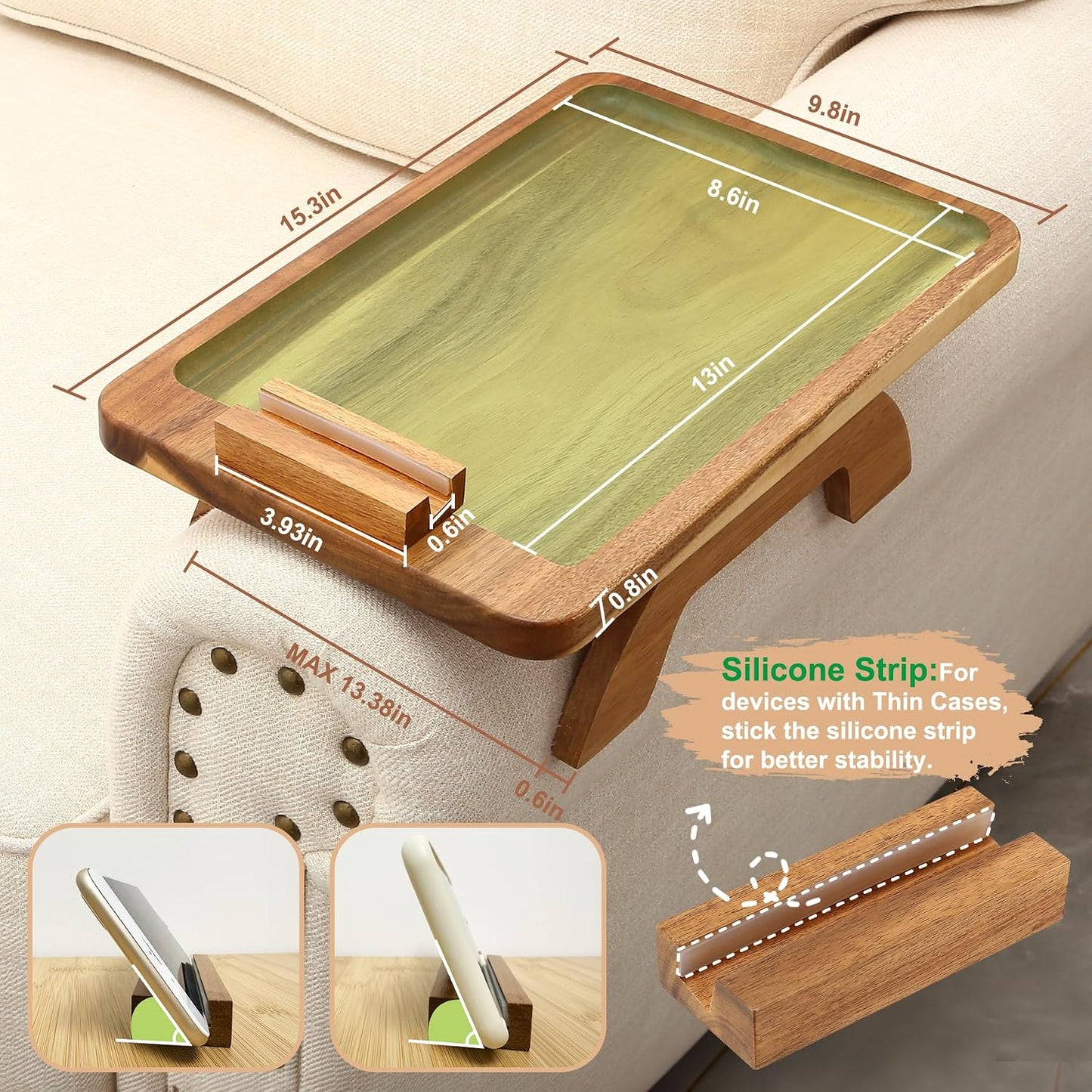 Couch Arm Tray,Bamboo Sofa Clip on Side Table,Foldable Couch Armrest Table with 360°Rotating Phone Holder,Anti Slip Food Trays for Eating/Drinks/Snacks/Remotes 15.35" x 9.85"
