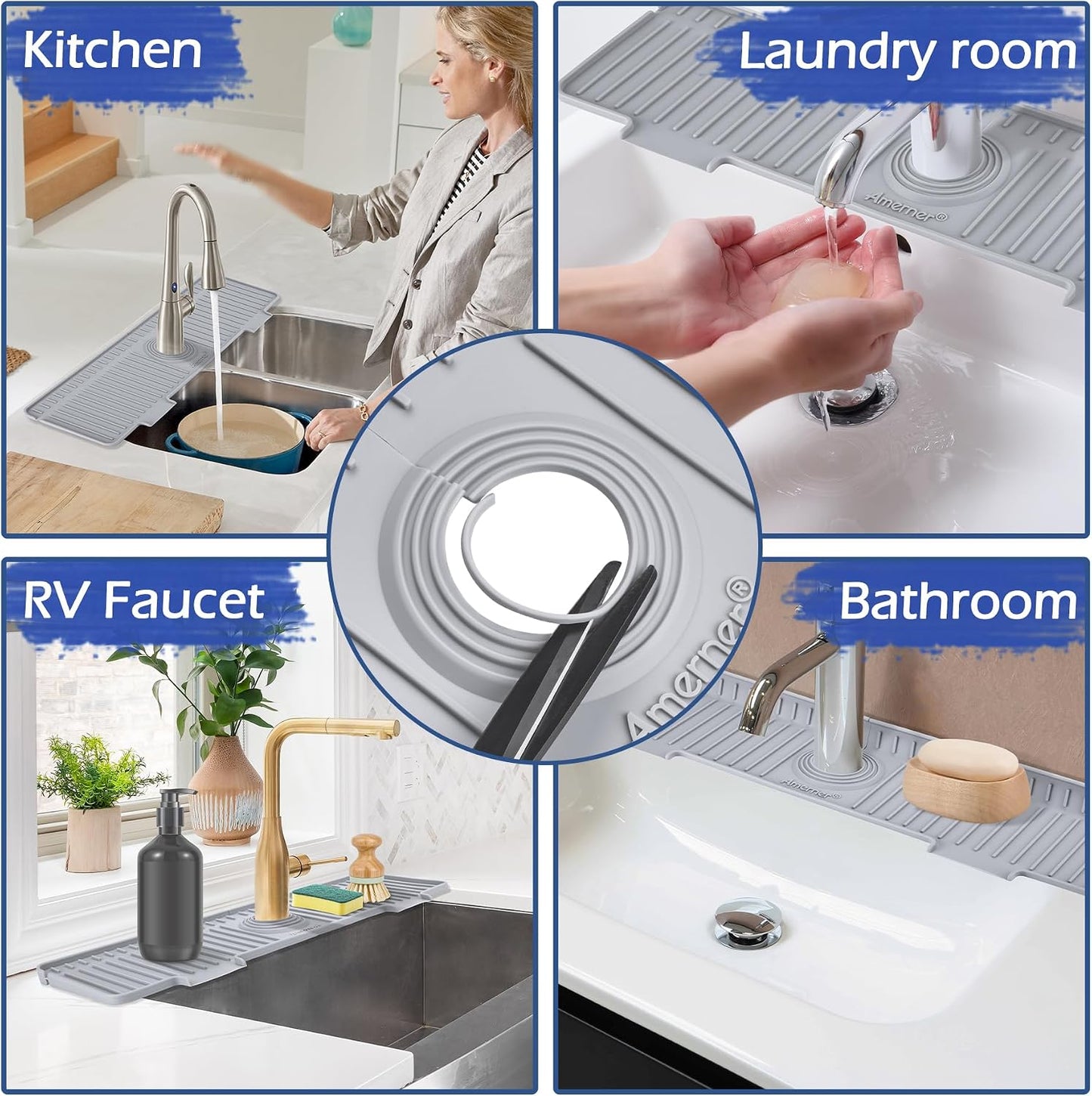 Kitchen Sink Splash Guard, 20IN Longer Silicone Faucet Guard & Draining Mat, Bathroom and Kitchen Sink Organizer, Sink Faucet Mat Water Splash Guard Behind Faucet Accessories Gadget, 20” x 5.5”, White