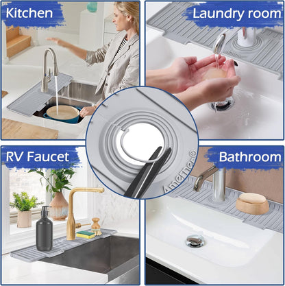 Kitchen Sink Splash Guard, 20IN Longer Silicone Faucet Guard & Draining Mat, Bathroom and Kitchen Sink Organizer, Sink Faucet Mat Water Splash Guard Behind Faucet Accessories Gadget, 20” x 5.5”, White