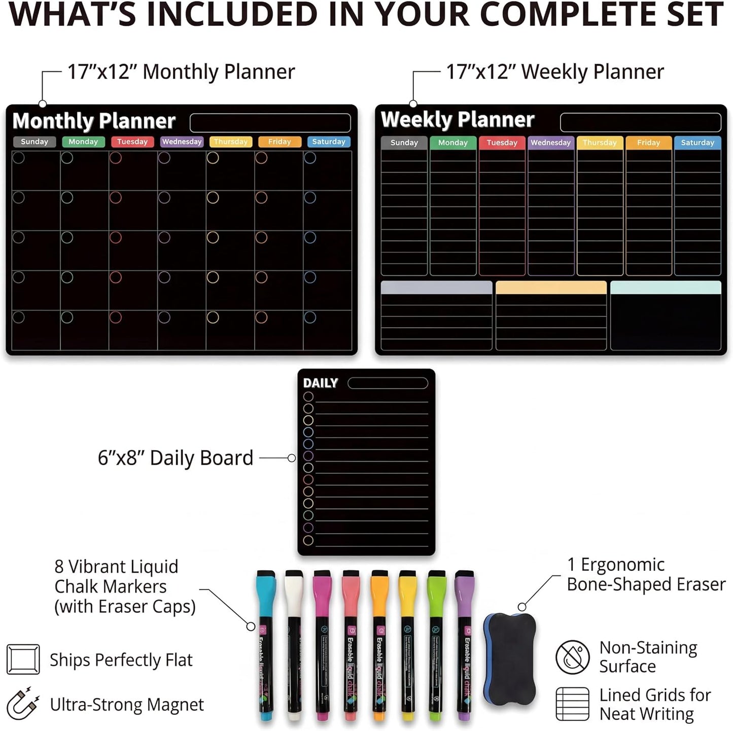 Magnetic Calendar for Refrigerator, Fridge Calendar 3-Pack | Monthly Weekly Daily Dry Erase Calendar Planner Set with Nano-Tech Surface, 17"x12" Magnetic Whiteboard, 8 Markers & Eraser
