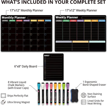 Magnetic Calendar for Refrigerator, Fridge Calendar 3-Pack | Monthly Weekly Daily Dry Erase Calendar Planner Set with Nano-Tech Surface, 17"x12" Magnetic Whiteboard, 8 Markers & Eraser