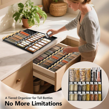 Spice Drawer Organizer 3-Tier Expandable (11"-22" Wide), Spice Rack for Cabinet with Funnel & Spice Labels, Fits Large Jars, Seasoning Storage Insert Design for Cabinet & Drawer (Black)