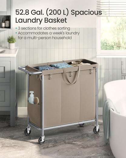 SONGMICS Laundry Basket with Wheels, 4-Section Rolling Laundry Hamper, 68.6 Gallons (260 L), Removable Liner, Steel Frame with Handle, 43.3 x 15.4 x 31.9 Inches, Cream White URLS014W01