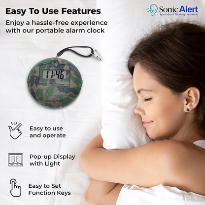Sonic Alert Digital Alarm Clock - Small Travel Clocks for Heavy Sleepers - Battery Operated with Vibrating Bed Shaker - Green Camo