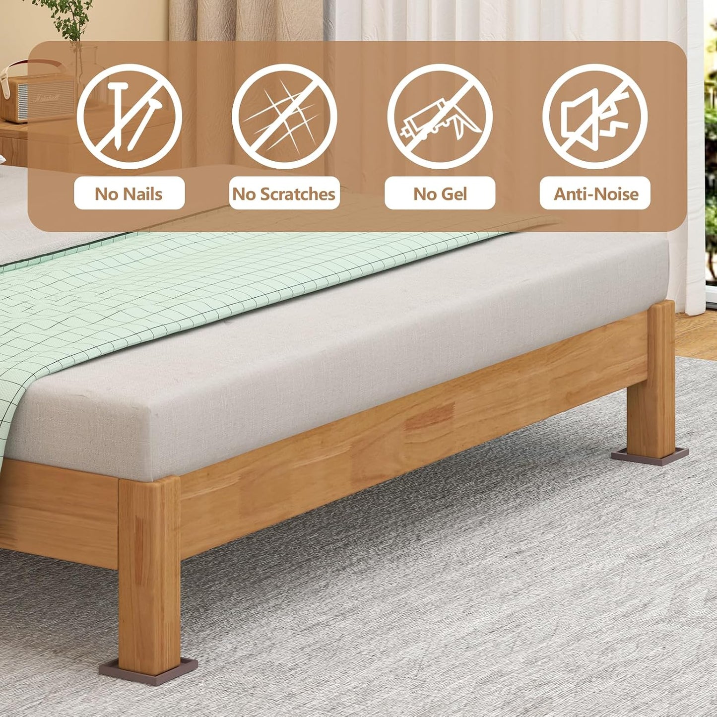 12Pcs 2.5in Furniture Coasters Non-Slip Bed Leg Pads Round Rubber Anti Sliding Caster Cups for Hardwood Floors Brown