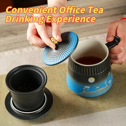 Loose Leaf Tea Cup with Infuser and Lid, 14.8oz Chinese Ceramic Mug with Fine Mesh Strainer, Office Steeping Cup for Tea Lovers Gifts