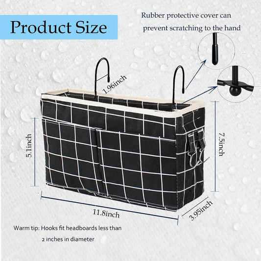 Bedside Caddy Bedside Hanging Storage Basket Multi-Function Organizer Caddy for Bunk and Hospital Beds Dorm Rooms Bed Rails, Can be Placed Glasses Books Mobile Phones（Black Grid）