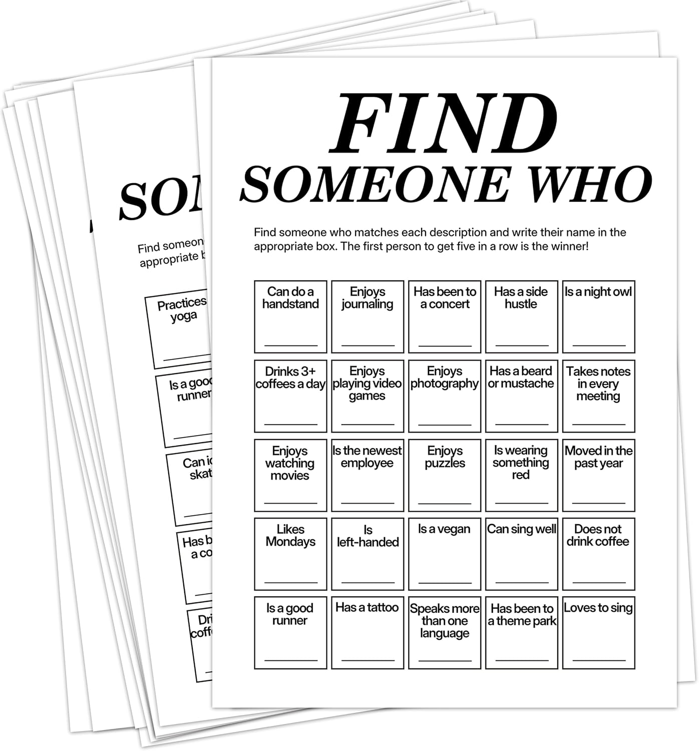 Find Someone Who Bingo Cards, 25 Unique Randomized 5x7 Sheets, Get to Know You Bingo Game for Adults, Ice Breaker Office Party Games, Team Building Games for Work, High Replay Value - A05