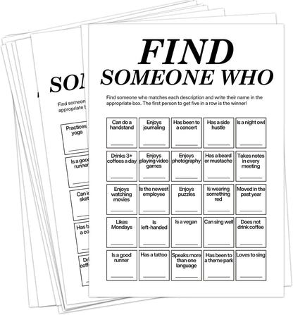 Find Someone Who Bingo Cards, 25 Unique Randomized 5x7 Sheets, Get to Know You Bingo Game for Adults, Ice Breaker Office Party Games, Team Building Games for Work, High Replay Value - A05
