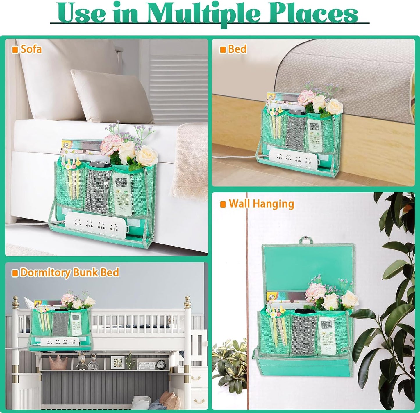 Bedside Caddy Organizer for Dorm Bed Rails with 7 Pockets, Gray | Bed Pockets Bedside Storage with Power Strip Holder & 2 Adjustable Straps for Home, College, Dorm, Hospital Bedside Organizer