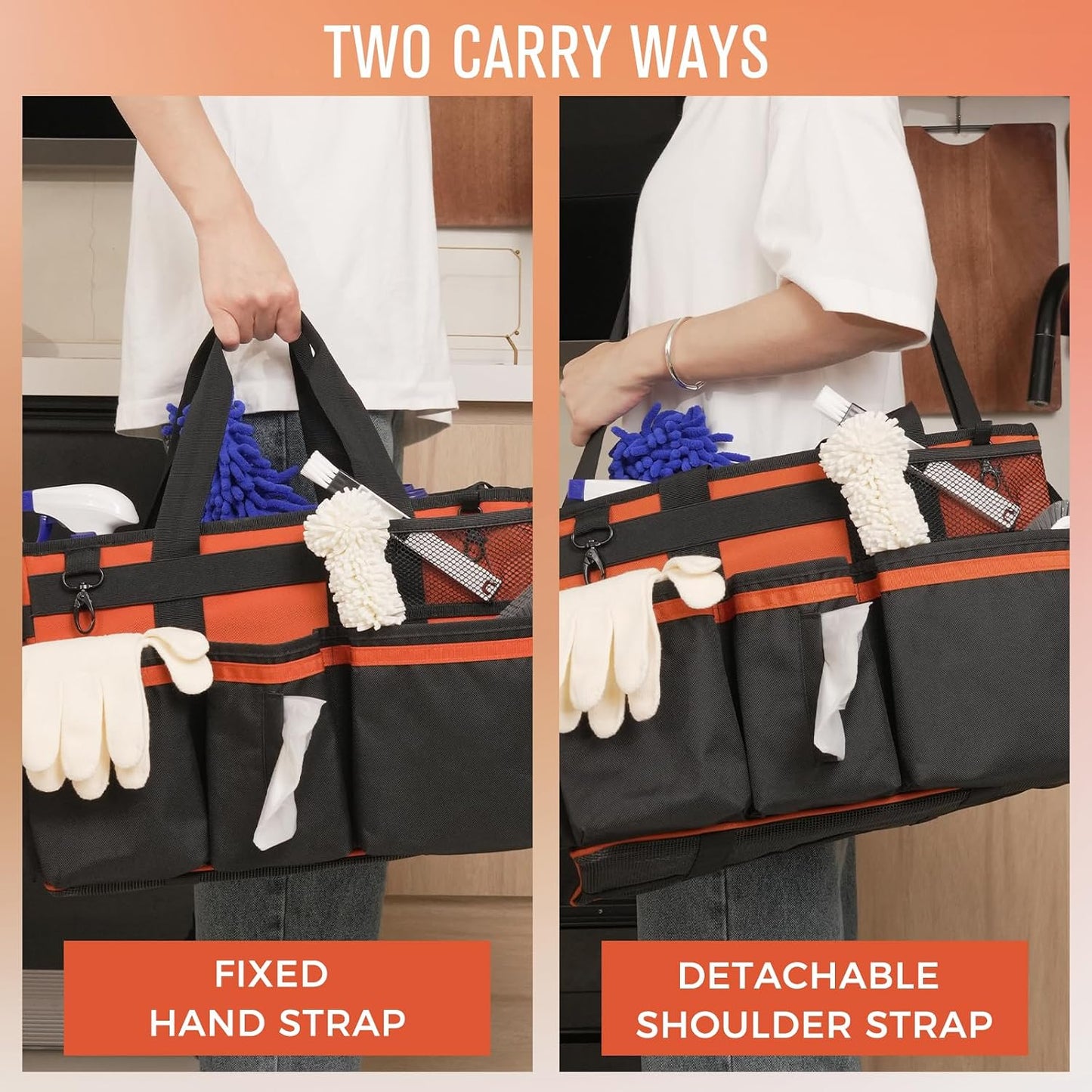 SCAVATA Wearable Cleaning Caddy, Cleaning Caddy Supplies Organizer with Handle & Shoulder Straps for Housekeepers, Under Sink & Car Cleaning Tool Organizers Bag with 4 Foldable Divider (NavyBlue)