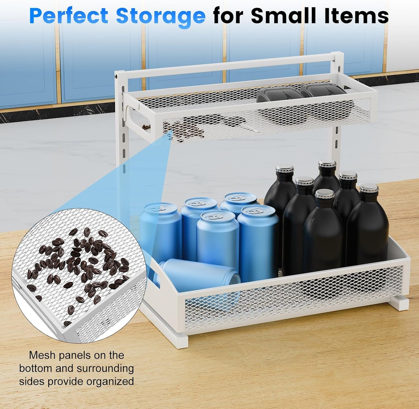 Petiza Under Sink Organizer Adjustable Height 2 Tier Bathroom Organizer Pull Out Cabinet Organer kitchen organizers and storage fridge organizers and storage,White,XL-1 Pack