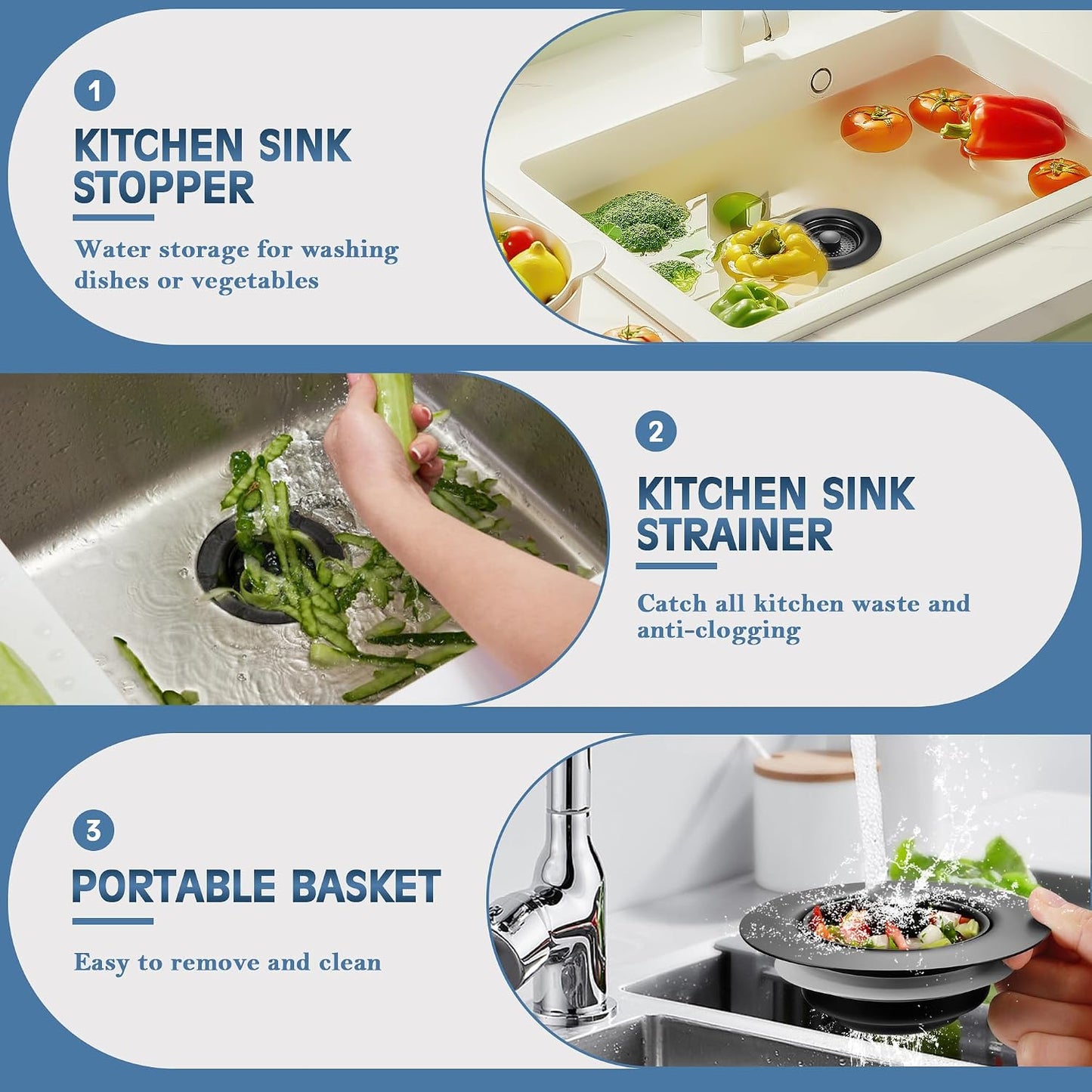 TGOSOMT Kitchen Sink Drain Strainer Stopper, Anti-Clog & Quick Drain | 3-IN-1 Design, Stainless Steel 304, Removable Strainer Basket, Corrosion & Scratch Resistant, Fits US Standard 3-1/2" Drain