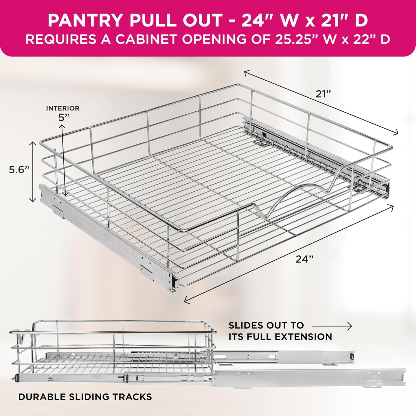 HOLDN’ STORAGE Pull Out Cabinet Organizer, Pantry Drawer, 14"W x 21"D x 5"H | Heavy-Duty Full-Extension, Roll Out Shelf for Pots, Pans & Under Sink Storage, Chrome, Require a 15.25"W Cabinet Opening