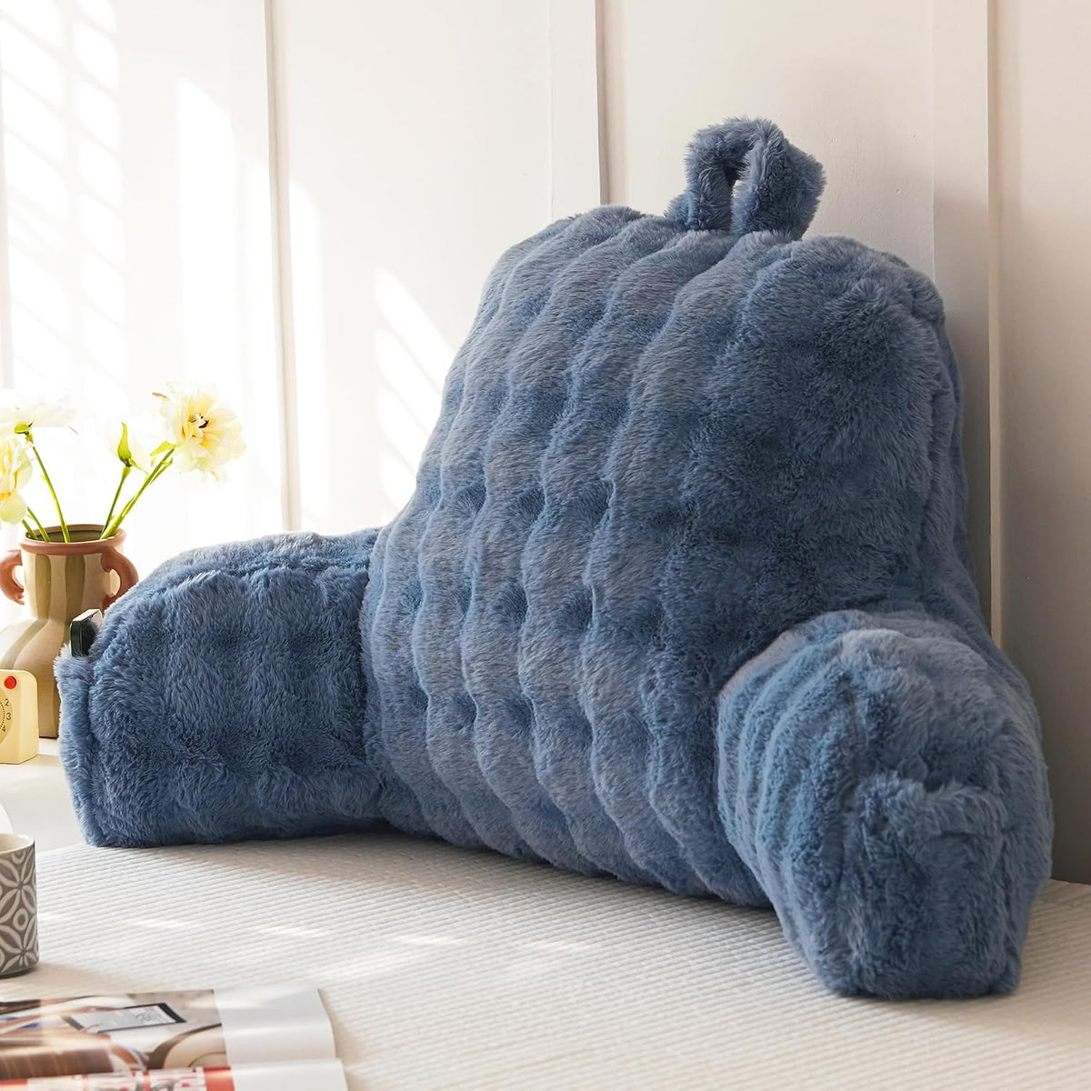 Faux Fur Reading Pillow for Sitting in Bed, Large Backrest Bed Pillow with Arms, Back Support Pillow for Lounging Bedrest, Beige