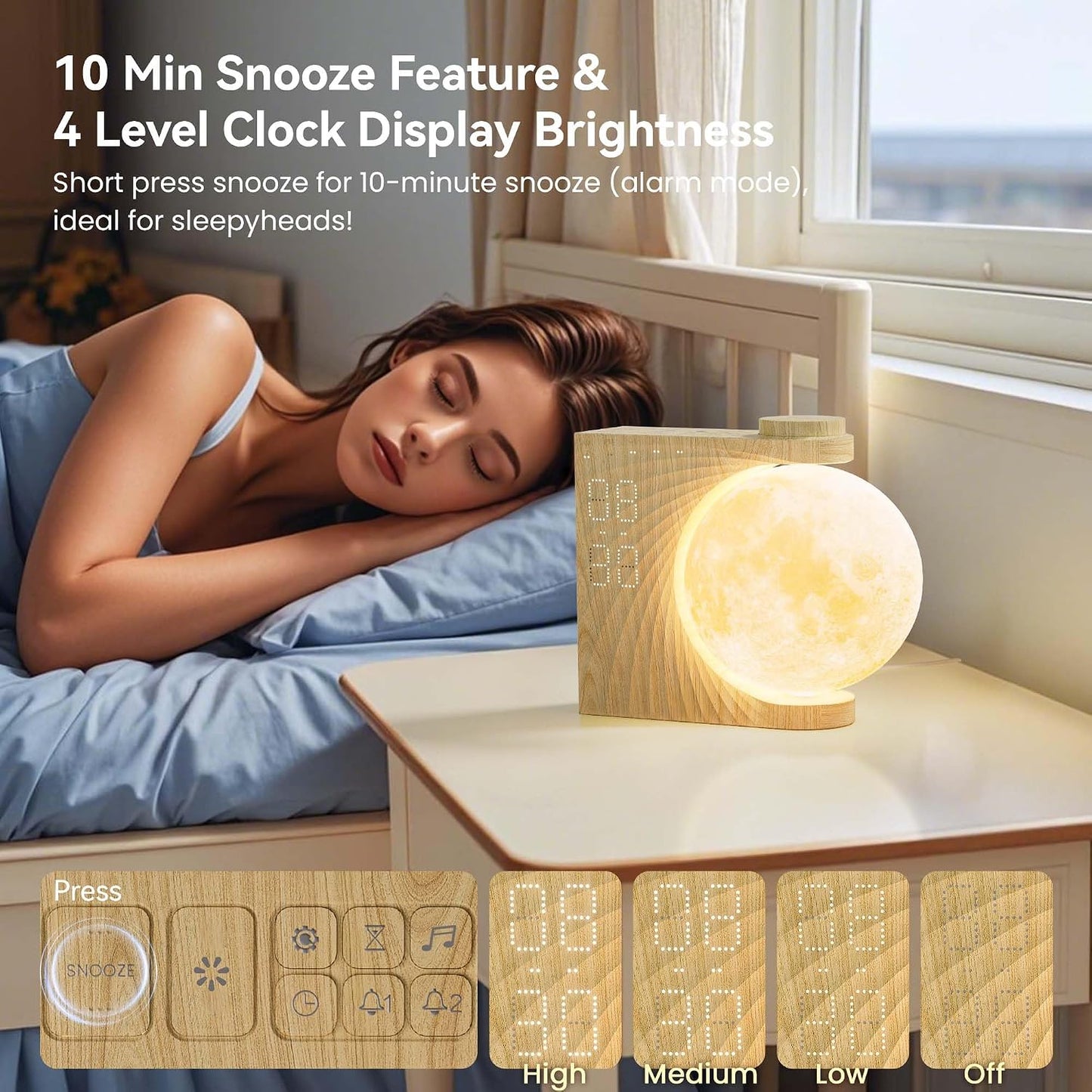 RETEYUNG Rotatable Moonlight Sunrise Alarm Clock,Sound Machines, Night Lamp for Bedrooms with Snooze, 10 Light Effects, 30/60/90 Timer, 10 Sleep Nature Sounds,15 Ringtones,12 Volume(Light Woodgrain)