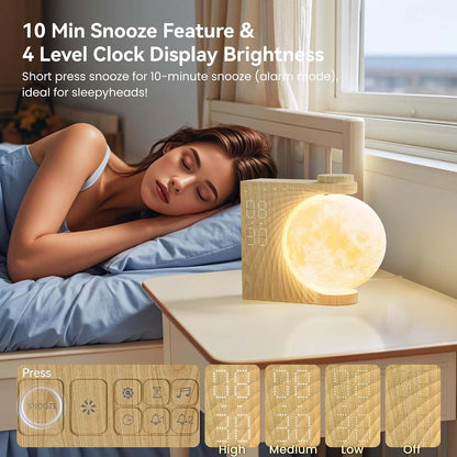 RETEYUNG Rotatable Moonlight Sunrise Alarm Clock,Sound Machines, Night Lamp for Bedrooms with Snooze, 10 Light Effects, 30/60/90 Timer, 10 Sleep Nature Sounds,15 Ringtones,12 Volume(Light Woodgrain)