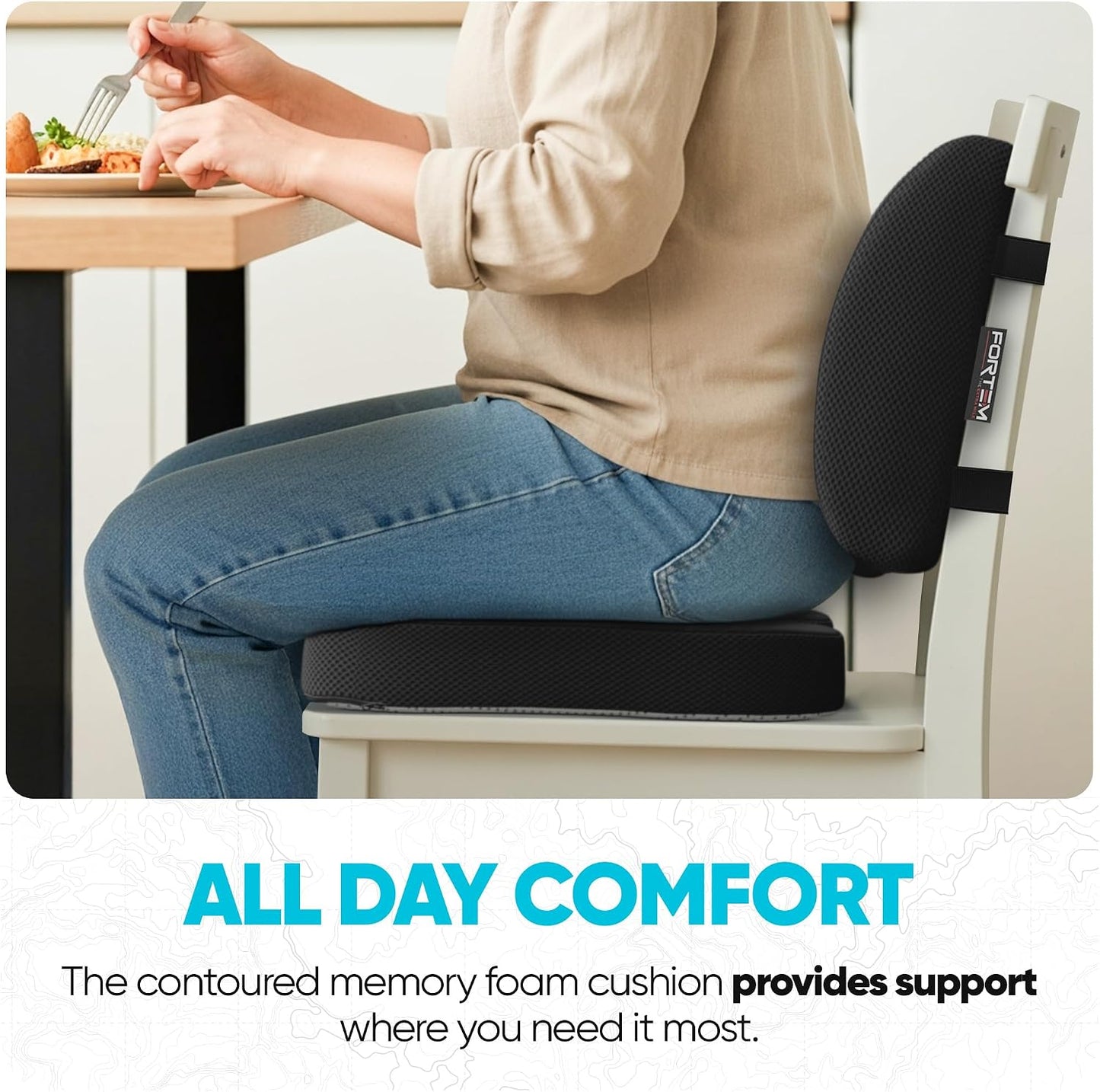 FORTEM Seat Cushion, Office Chair Cushion, Lumbar Support Pillow for Office Chair, Memory Foam Car Seat Cushions, Sciatica Coccyx Tailbone Pain Relief, Cushions for Back Support, Washable, Non Slip