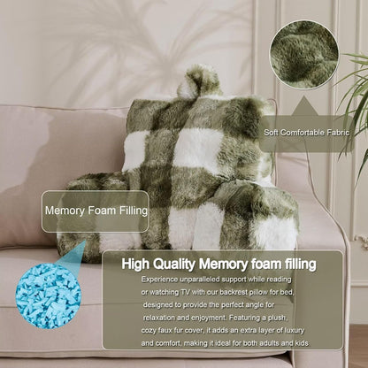 Reading Pillows for Boyfriend Adult,Velvet Back Pillow Bed Wedge Large, Back Rest Support Cushion for Sitting Up in Bed/Couch for Bedrest 18inch-Sage Green Grid Print