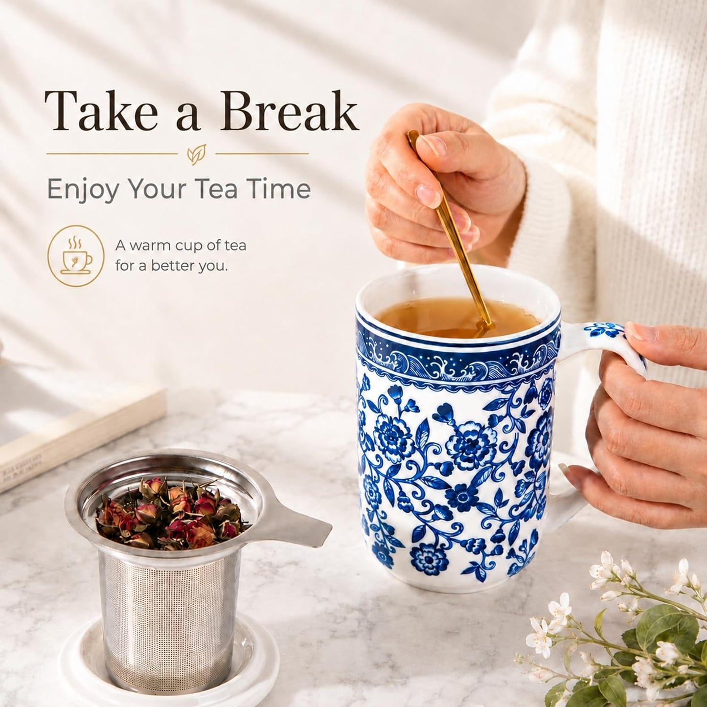 AmorArc Tea Cup With Infuser and Lid, 18oz Loose Leaf Tea Mug With Steeper | Porcelain Tea Mug With Infuser and Lid, Large Strainer Tea Cup with Lid for Tea, Coffee Mug for House-warming Birthday Gift